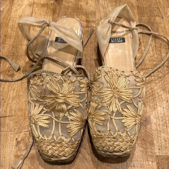 Stuart Weitzman Gold Espadrilles with Intricate Woven Design