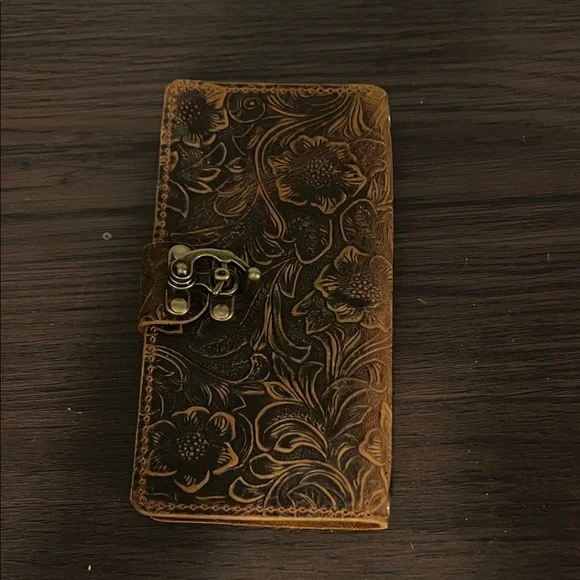Vintage Floral Embossed Brown Leather Phone Wallet Case