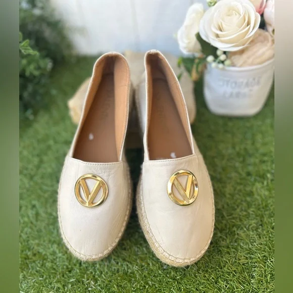 VALENTINO Jessica Espadrille Loafer Leather  Slip-Ons with Gold Emblem Cream 7