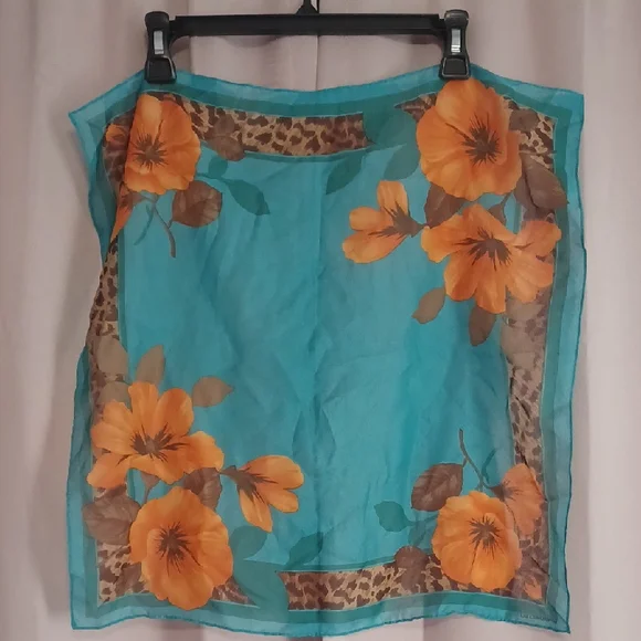 Liz Claiborne Vintage Sheer Chiffon Scarf Orange Flower Leopard Print 21×21