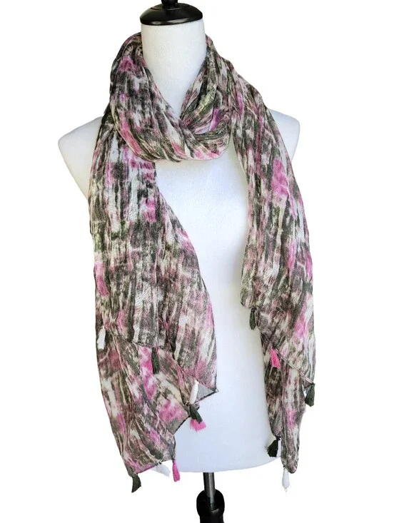 Abstract Print Tasseled Scarf Pink Black White Lightweight Accessory
