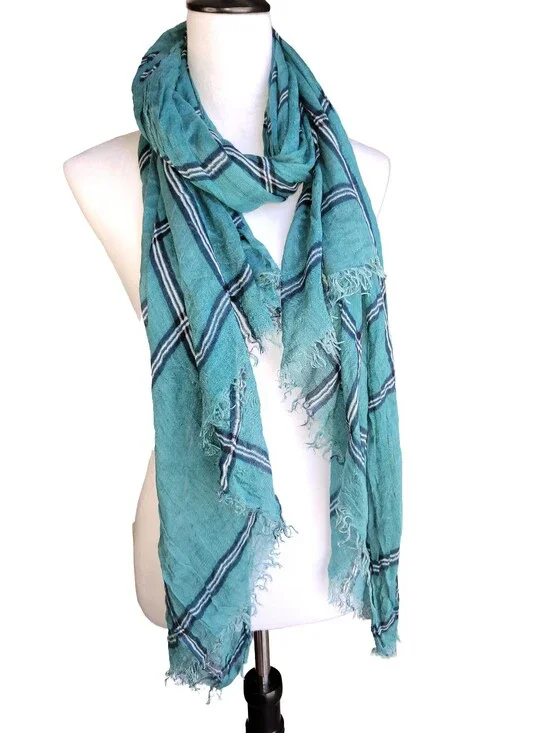 Teal/Blue/White Plaid Lightweight Scarf Wrap Fringe Hem 22