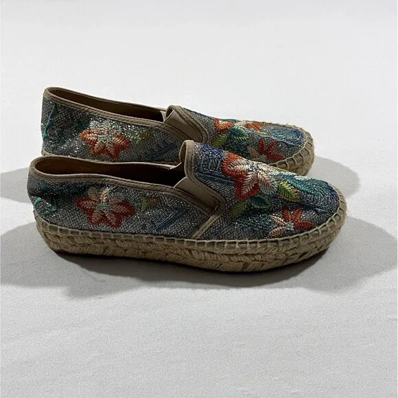Johnny Was Metallic Floral Embroidered Elysia Espadrilles Platform Shoes Sz 38