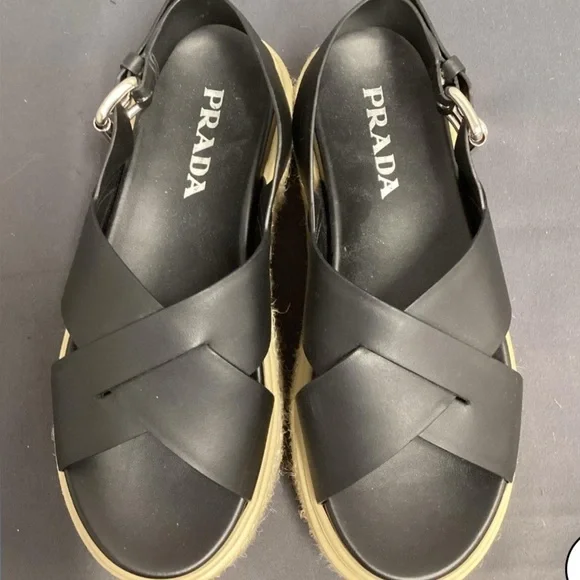 Prada Women's Black Crisscross platform Espadrille Sandals Shoes size 36.5