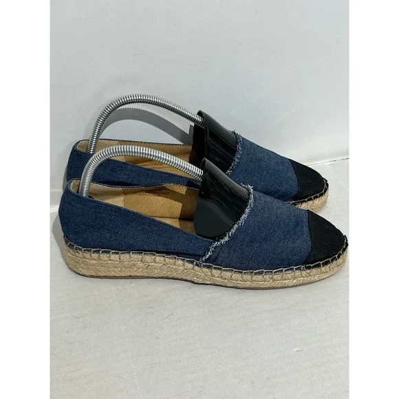 Soft Surroundings Denim Espadrille Flats Blue Cap Toe Jute Platform Slip On