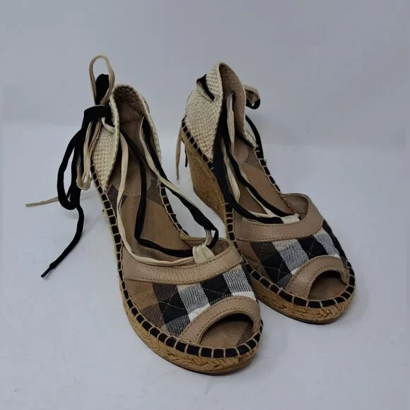 Burberry Espadrilles Wedge Ankle Wrap House Check Shoes Open Toe 37 EU / 7 US