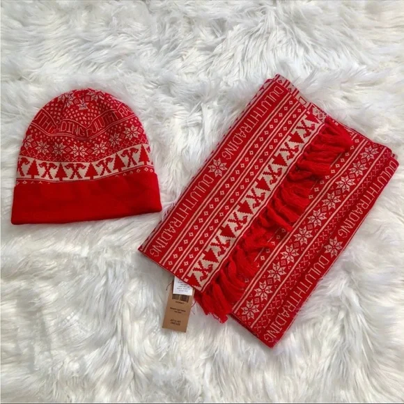 Duluth Trading Co Red Fair Isle Knit Scarf Beanie Women’s Polyester Nylon Blend