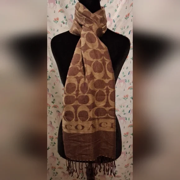 EUC Vintage Y2K Coach Brown & Tan Signature Reversible Merino Wool Scarf Wrap