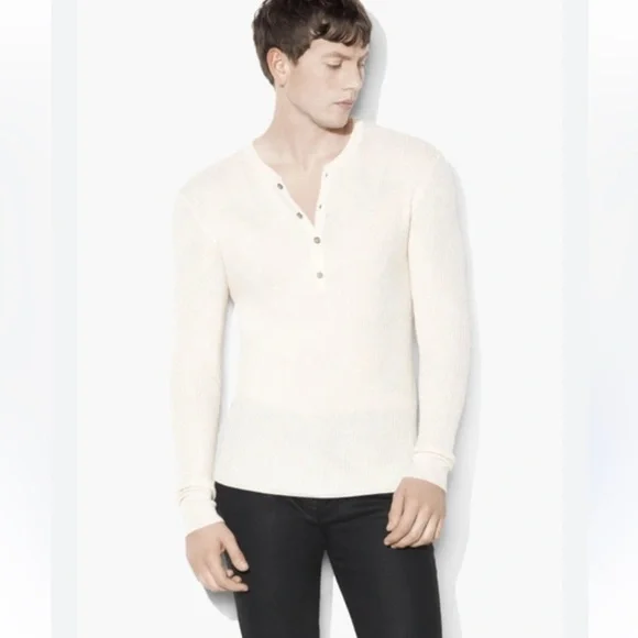 John Varvatos Men's Ivory Cream Silk Cashmere Waffle Knit Pullover Henley SZ XXL