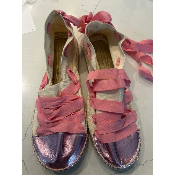 Cousu Main Espadrille Flats Pink Metallic Cap Toe Ribbon Lace Up Shoes 40