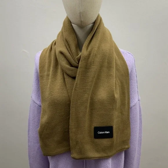 Calvin Klein Knit Scarf Tan Brown Minimal Logo Soft Acrylic Winter Unisex