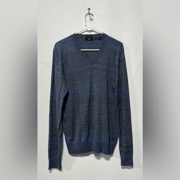 Boss Blue and Grey Slim Fit Striped‎ Finest Italian Yarn Sweater Size Medium