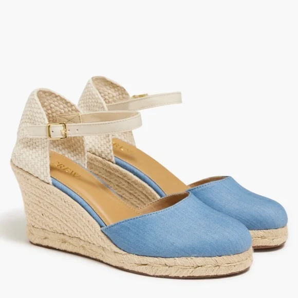 J. Crew Blue Chambray Ankle Strap Espadrille Wedges Size 9.5