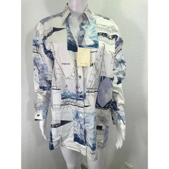 Vtg New Sz 38 Women’s Escada Long Sleeve Shirt Cotton Nautical Maritime Boats