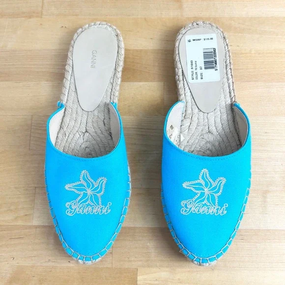 GANNI Shoes Size 37 Aquarius Blue Canvas Starfish Embroidered Espadrille‎ Mules