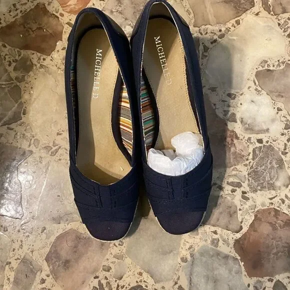 Michelle D Navy Peep Toe Espadrille Wedges, size 9