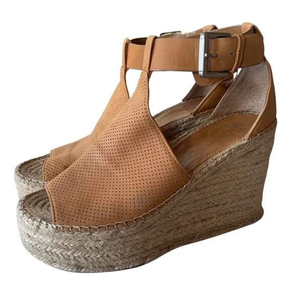 MARC FISHER Tan Leather Annie Perforated Espadrille Platform Wedge Sandals 8