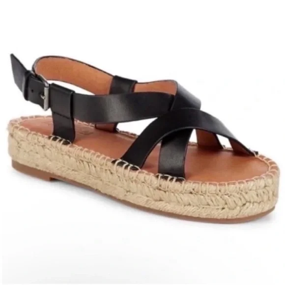 Madewell Malia Black Leather Cross-Strap Espadrille Platform Sandal Size 8.5