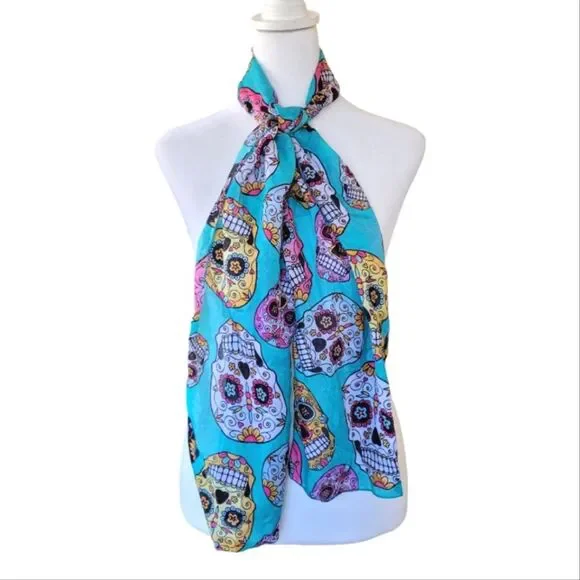 Sugar Skull Lightweight Halloween Scarf Teal Blue