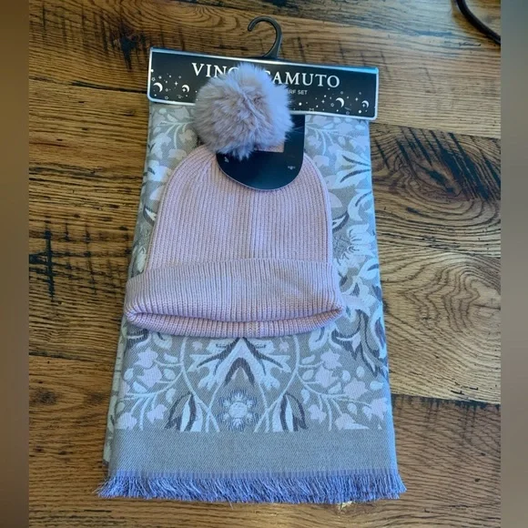NWT Vince Camuto Neutral Plaid Wrap Scarf and Pink Pom Hat