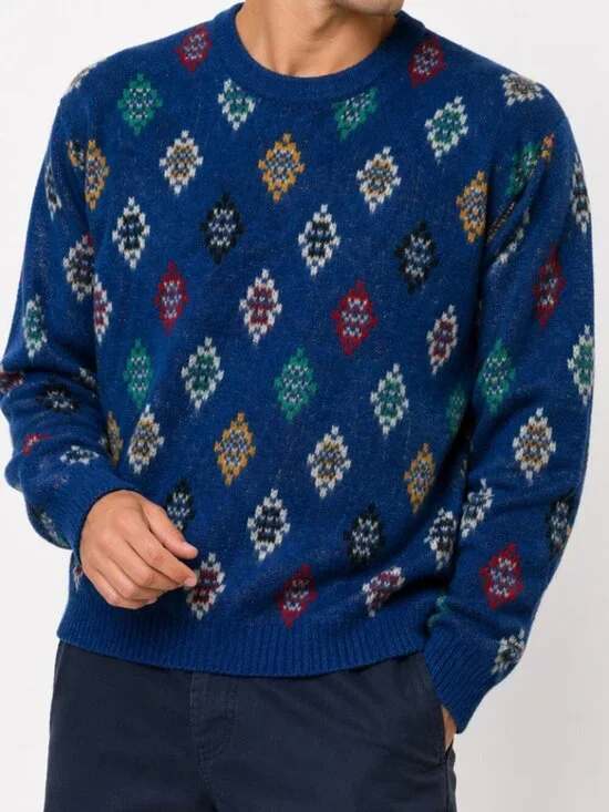 VINTAGE 70s Wool Grandpa Grunge Blue Diamond Print Sweater Large