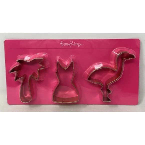 Lilly Pulitzer Set of 3 Cookie Cutters Gold Metallic Flamingo Palm Tree Dress‎