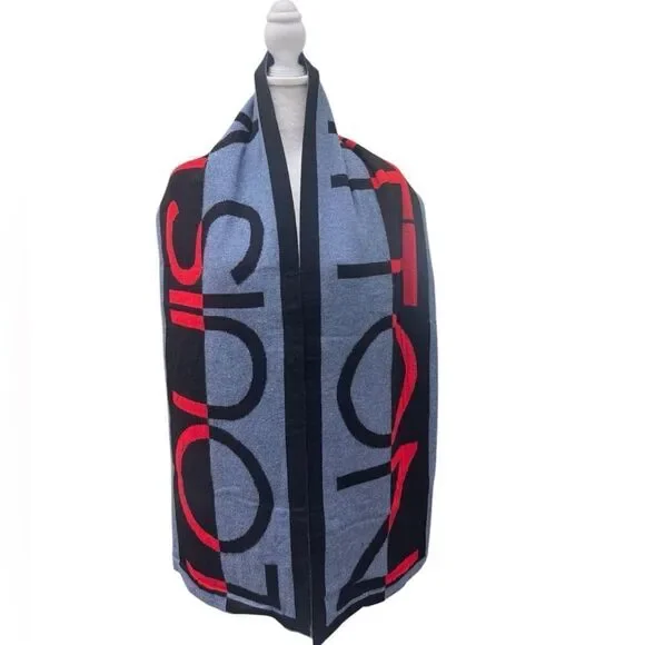 Auth Louis Vuitton 100% Wool Red Blue Black Gray Horizon Scarf Stole Muffler