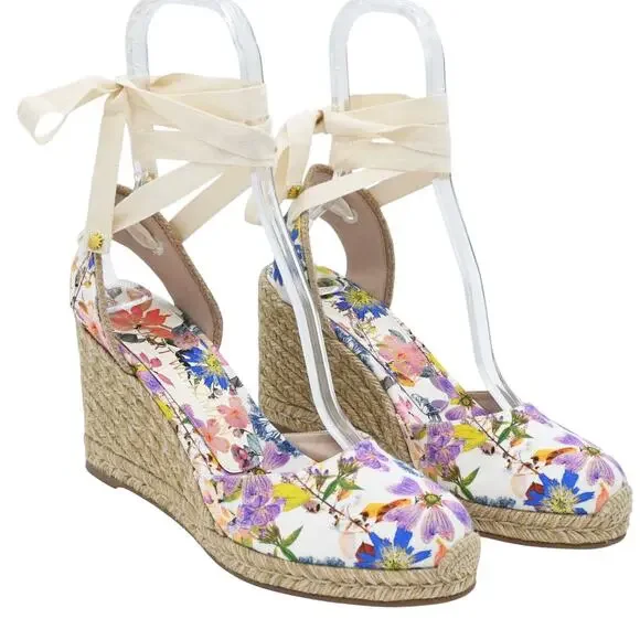 Stuart Weitzman Marguerita Multicolor Floral Ankle Tie Espadrille Wedges Sz 10.5