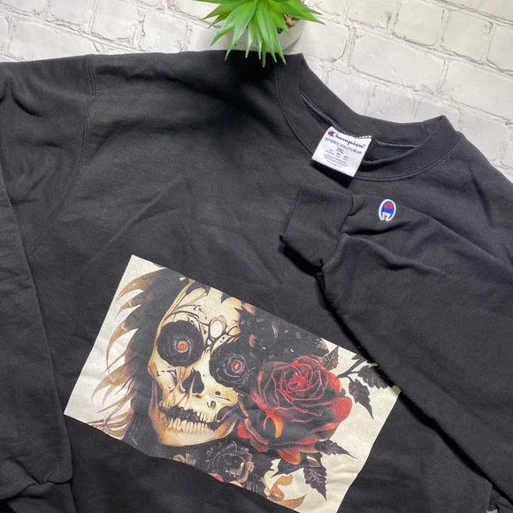Champion Crewneck Sweatshirt Mens 2XL Black Gothic Grunge Day Of Dead Skull Rose