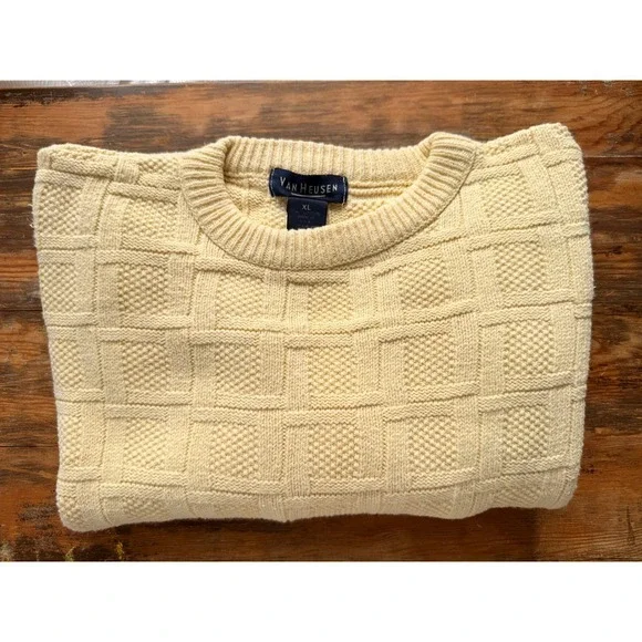 VTG Van Heusen 100% Cotton‎ Grandpa Sweater Butter Yellow Waffle Windowpane Knit