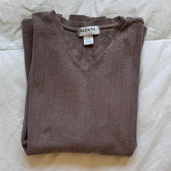 Alfani Vintage y2k 90s brown v neck sweater size L ribbed long sleeve minimalist