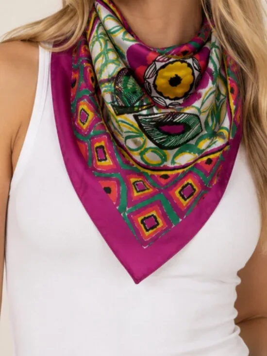 Whimsical Eclectic Floral Print Square Scarf - Fuchsia, Yellow, Green