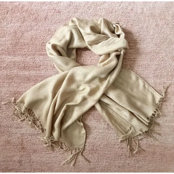 Pashmina 70% Cashmere 30% Silk Beige Paisley Scarf Shawl Wrap Fringe 28x67