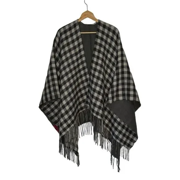 Talbots One Size Black Multi Plaid Reversible Woven Plaid Fringe Ruana Wrap