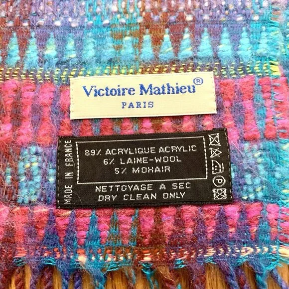 VICTOIRE MATHIEU Paris VTG Pink/Blue Soft Wool/Mohair Blended Scarf w/ Fringe
