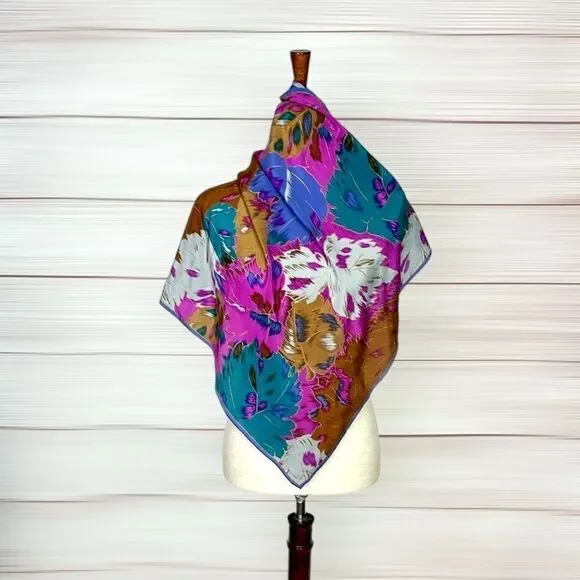 Albert Nipon for XIIX KARAT Silk Square Scarf Blue Magenta Tan Floral Vintage