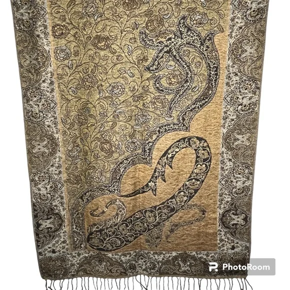Pashmina Silk Blend Brown and‎ Tan Oversize Scarf with Fringe