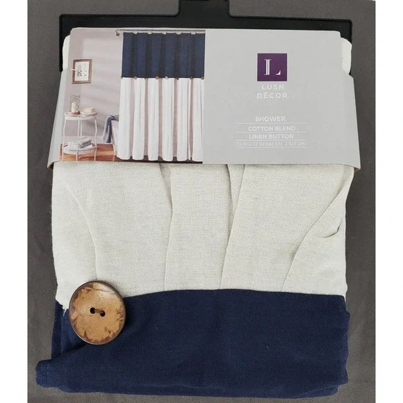 Lush Decor Navy & White Linen Button Shower‎ Curtain, 72″ X 72″ New