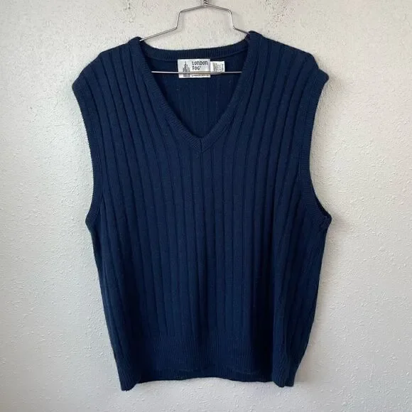 Vintage London Fog Navy Blue Sleeveless V-Neck Sweater Size L