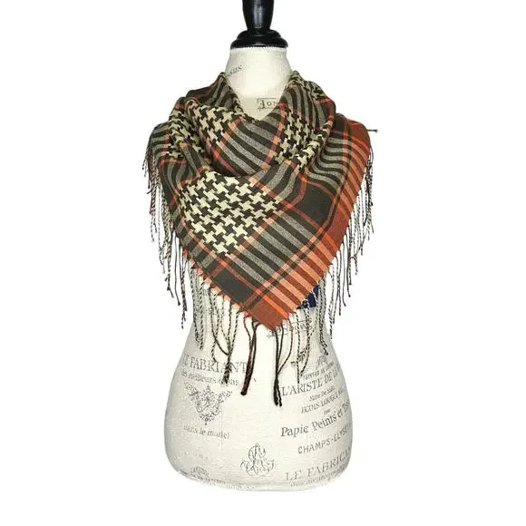 Pashmina | Women | Silk Cashmere Blend Fringe Plaid Geometric Print Square Scarf