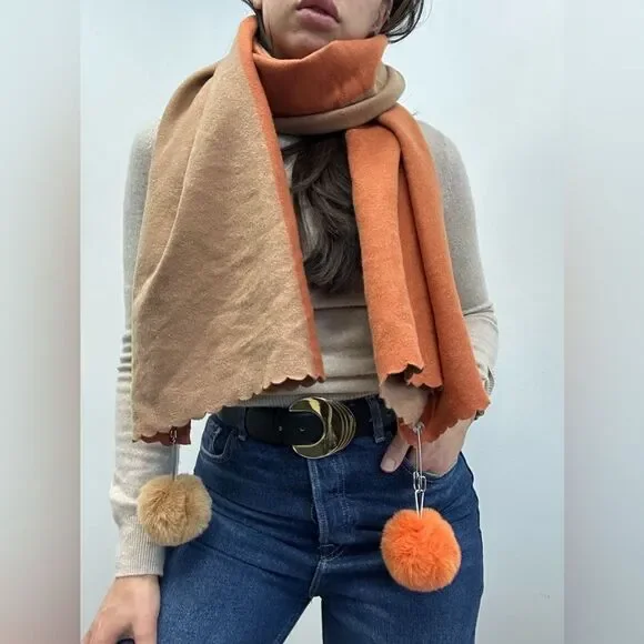 Studio Hop London Orange & Peach Color Block Angora Blend Scarf Pom Poms