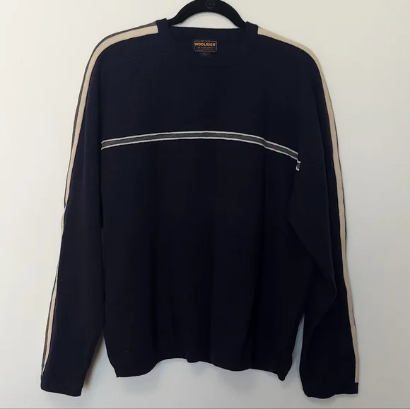 Woolrich Men's Crewneck Navy With Tan & Gray Racing Stripe Size XL 100% Cotton