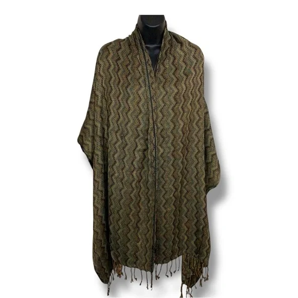 Vintage Isabella Scarf Wrap Olive Green Beige Fringe Boho Bohemian Geometric