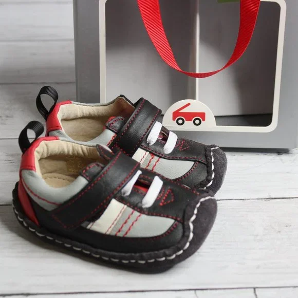 See Kai Run Baby Boy Leather Crib Shoes Size 9 12 Months Red Black Gray