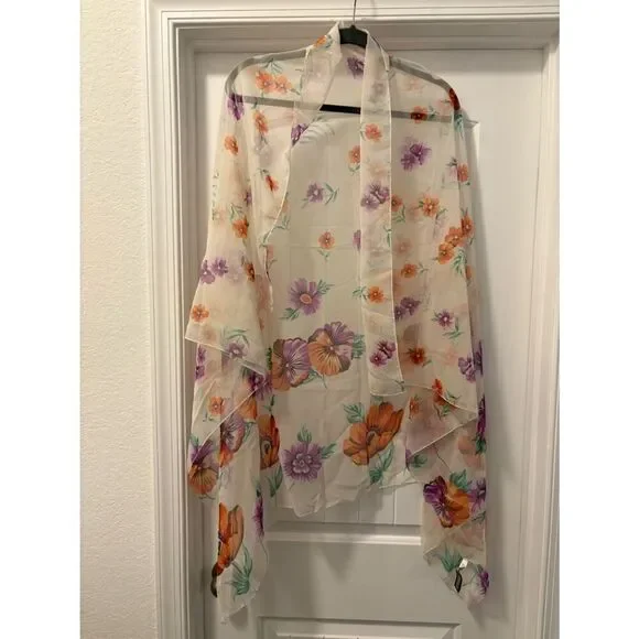 VTG Bijoux Terner Floral Kimono Wrap Scarf in Cream with Orange & Purple Flowers