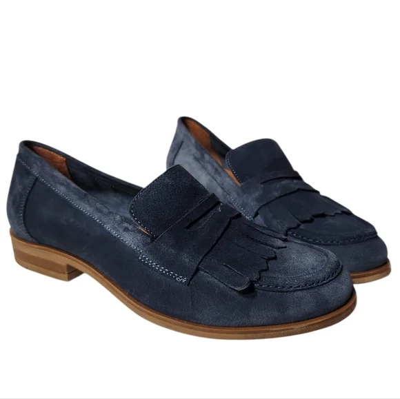Miz Mooz Ilona Indigo Suede Fringe Penny Loafers Size 6