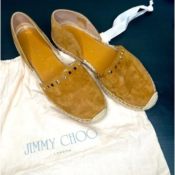 Jimmy Choo ‘Dreya’ Suede Studded D'Orsay Flats, Tan/ Gold, size 35