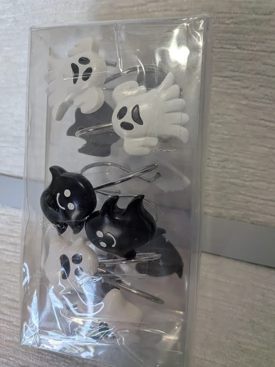 Ghost Shower Curtain Hooks Set -12 Black & White Cute Ghosts Halloween Decor