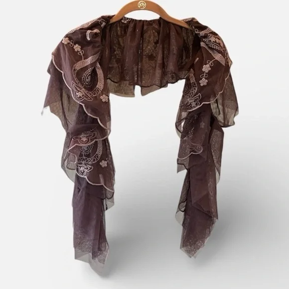 🧋Tulle embroidered scarf cascading layers plum purple