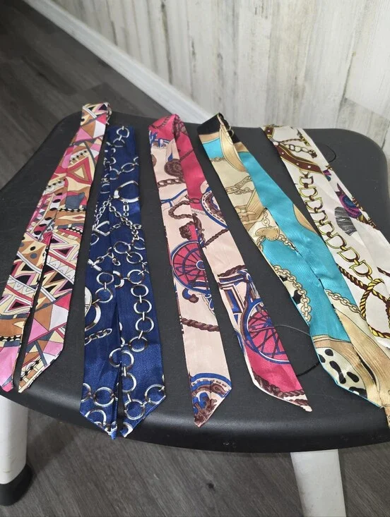 ONE Silky Multicolor Patterned Skinny Scarves / Twilly NWOT